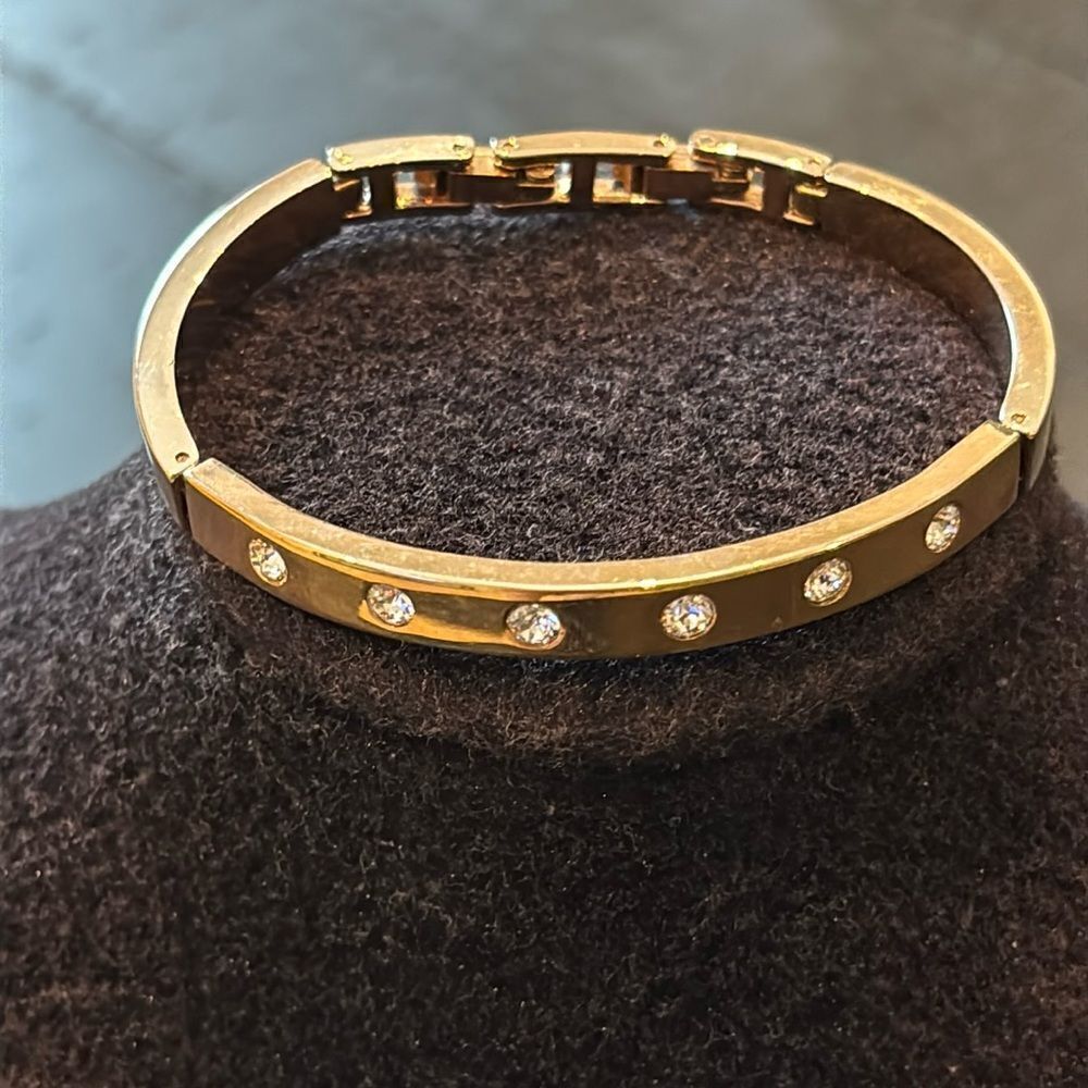 Gold Tone Rhinestone Bangle Bracelet Small Lion Stamped Logo​​